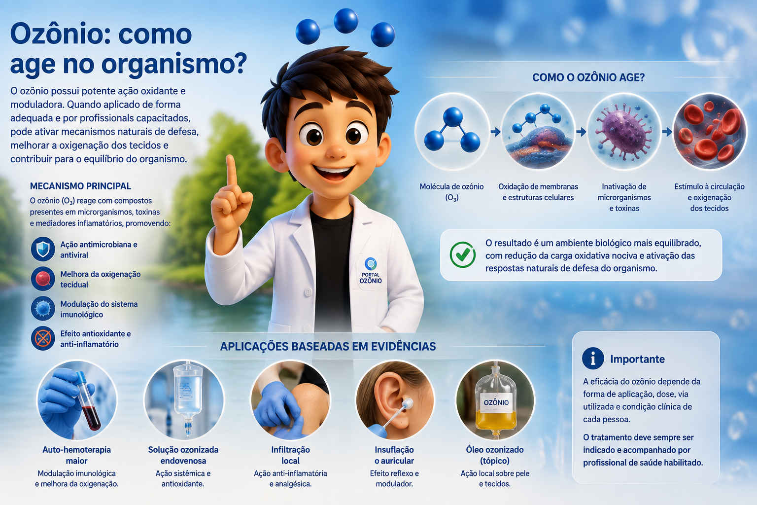Ilustração educativa sobre ozônio, sua ação no organismo e aplicações baseadas em evidências.