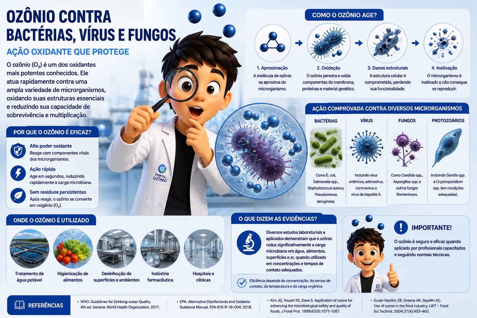 Ilustração educativa mostrando a ação oxidante do ozônio contra bactérias, vírus, fungos e outros microrganismos.