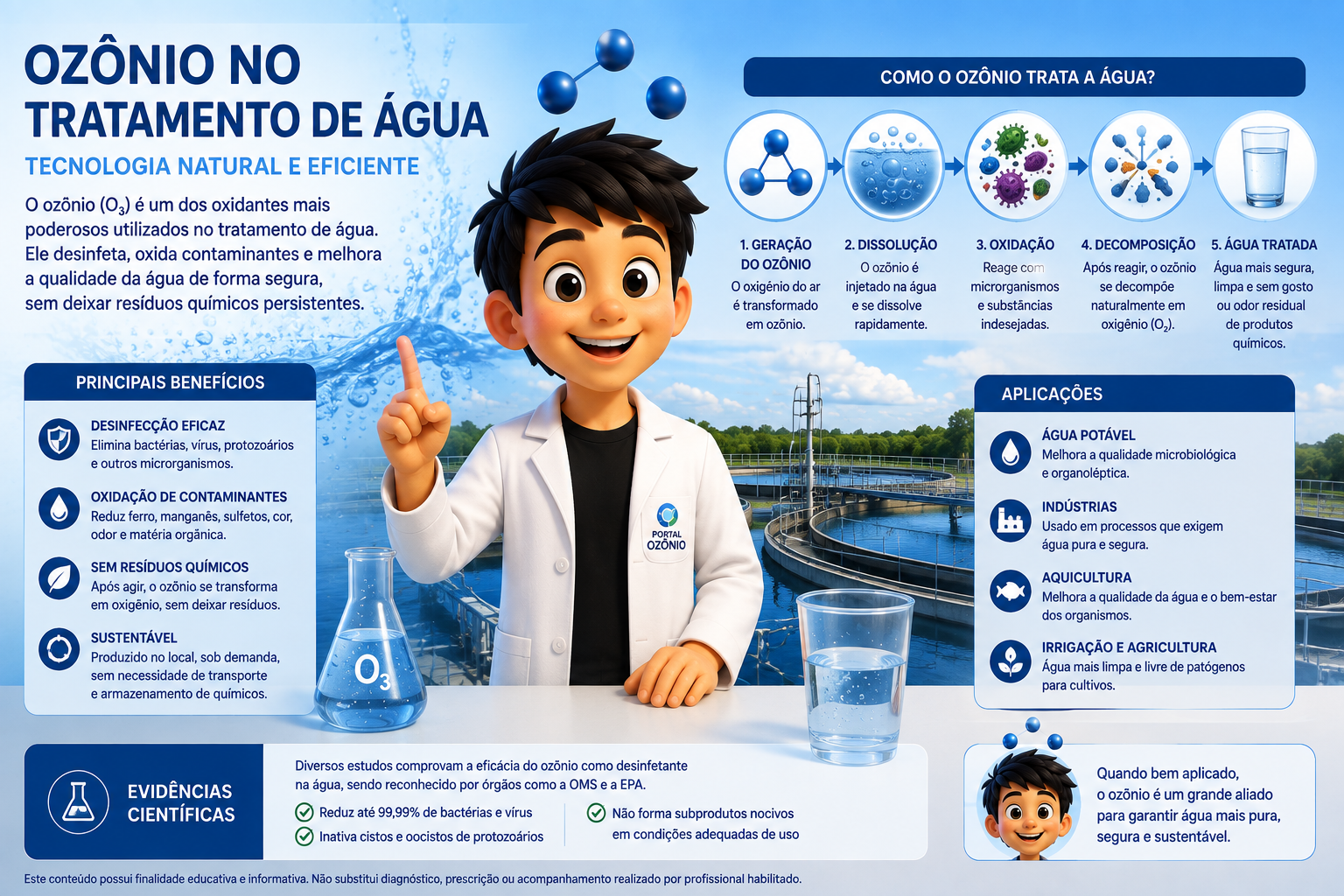 Ilustração educativa sobre ozônio no tratamento de água, benefícios, etapas do processo e aplicações.